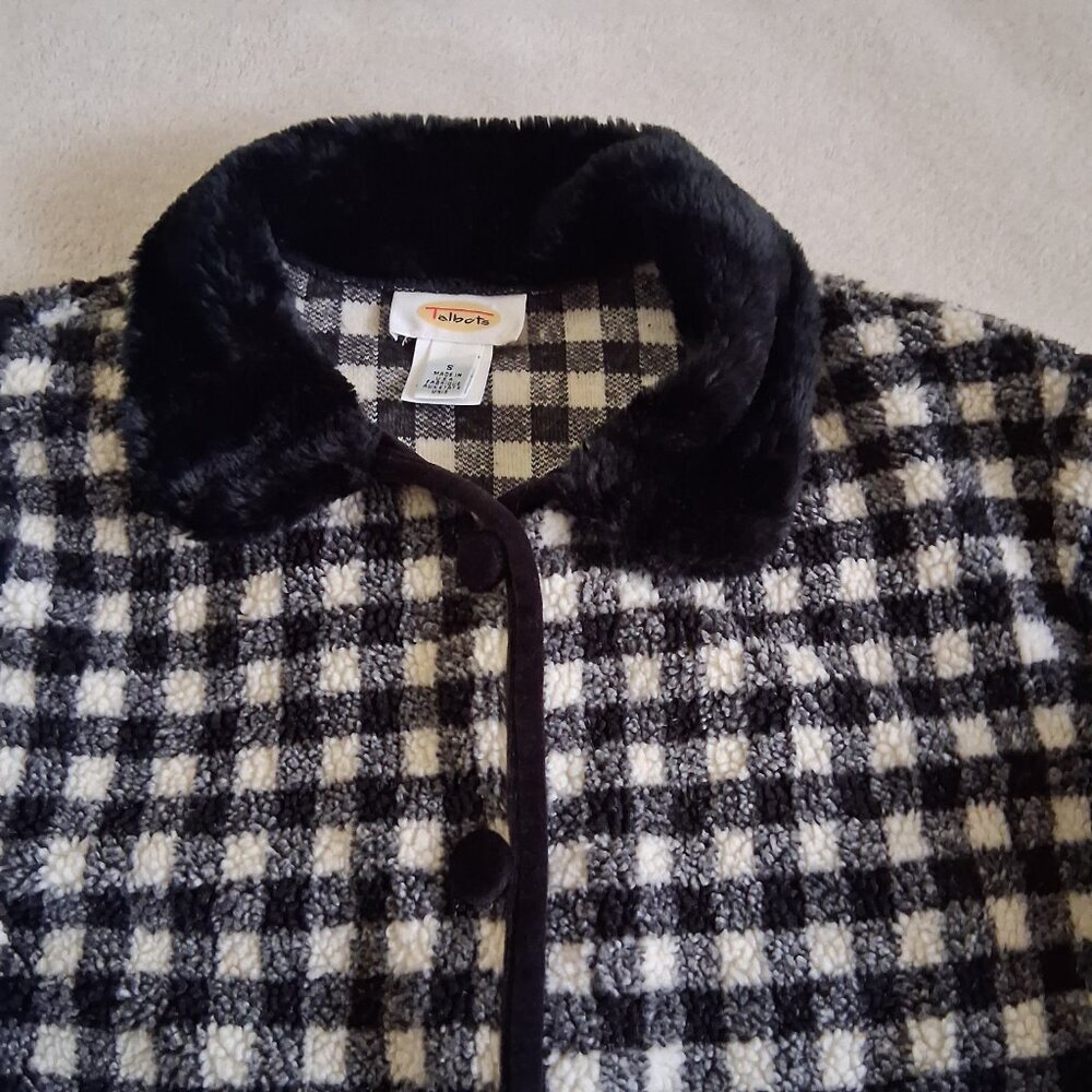 Talbots Vintage Women's Small Black & White Plaid Velvet Trim Fleece Jacket - Picture 6 of 14